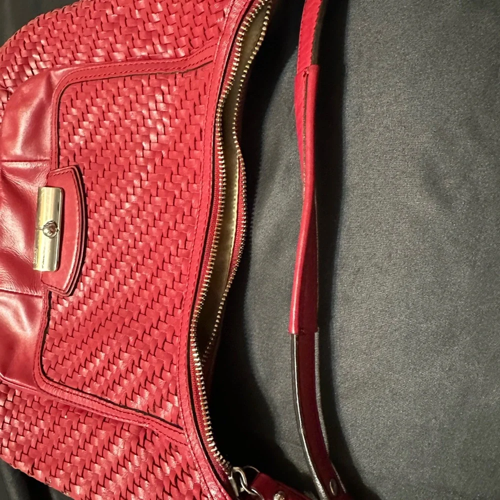 Coach Kristin Cranberry Red Woven Leather Shoulder Hobo with Removable Strap